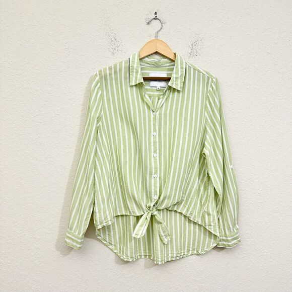 LOLA RIVER Striped Shirt Green White Button Up Tie Roll Tab Sleeve - Picture 1 of 11